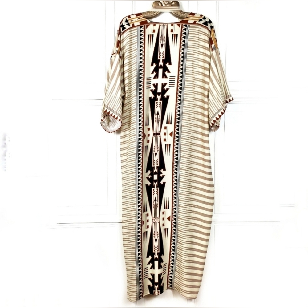 NEW Boho Southwestern Kimono Duster Maxi Cardigan Tribal Tan Black - Picture 4 of 12